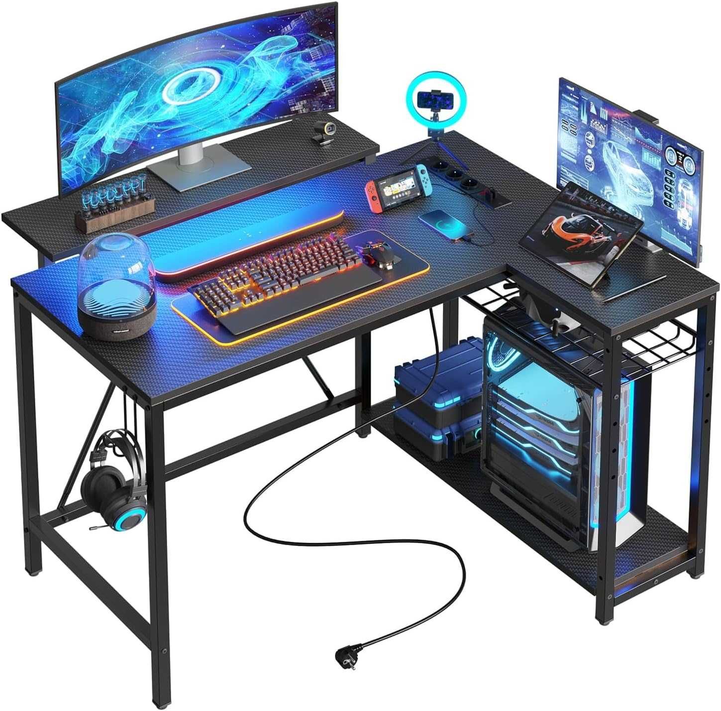 Mesa de gaming secretária preto fibra carbono   3 tamanhos/LED/tomadas