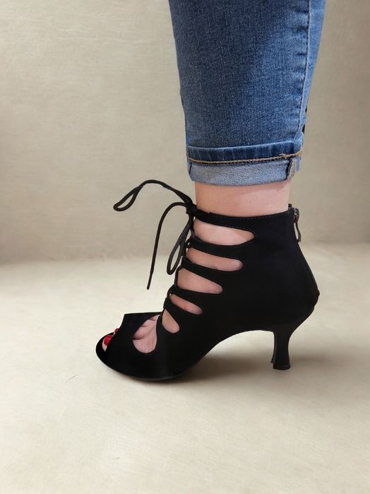 Buty do tańca sznurowane, skóra, obcas 7.5 cm papilio czarne