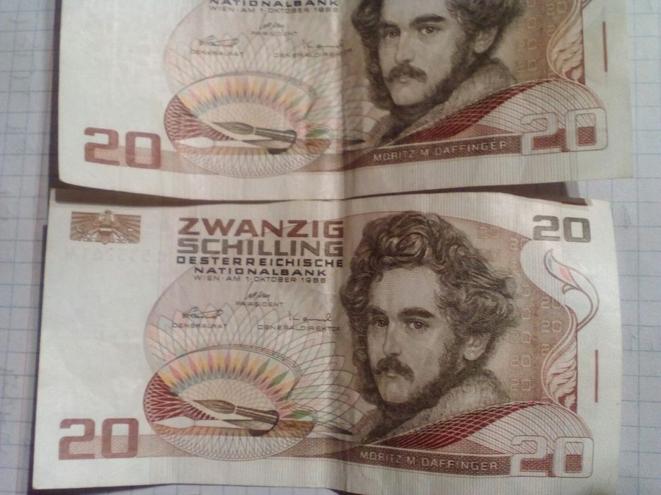 Banknoty i monety Austria 20, 5 i 1schilling