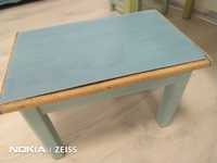 Taboret, PRL, szeroki, denim, naturalne drewno