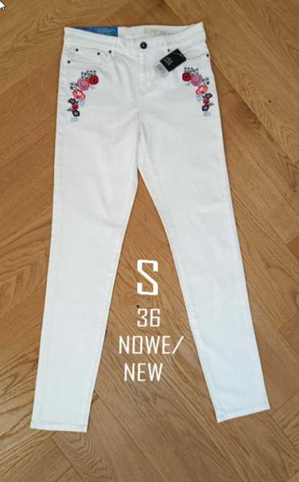 Nowe jeansy damskie skinny fit 36 S białe medium waist haft