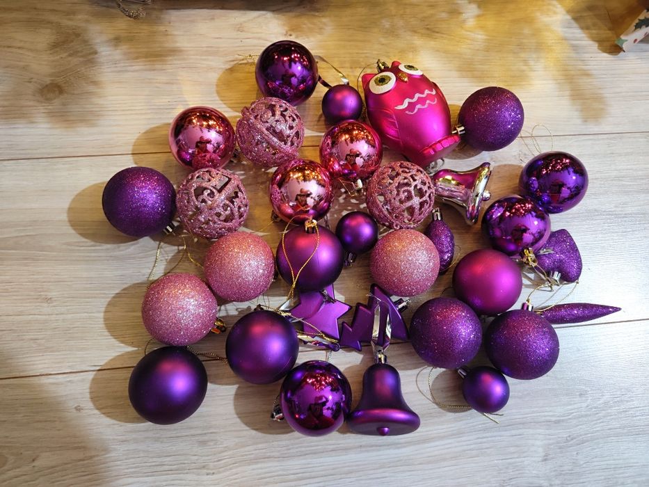 Zestaw bombek choinkowych fioletowe różowe sowa brokatowe
