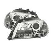 FARÓIS FRONTAIS LUZ DIURNA LED PARA SEAT IBIZA E CORDOBA 6L 02-05 FUNDO CROMADO