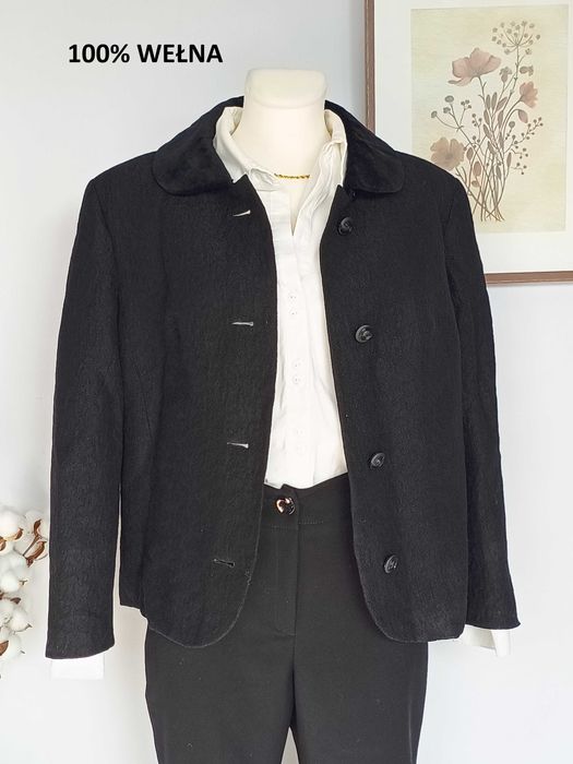 Czarny żakiet żakardowy 100% wełna damski Berliner Chic 42 XL