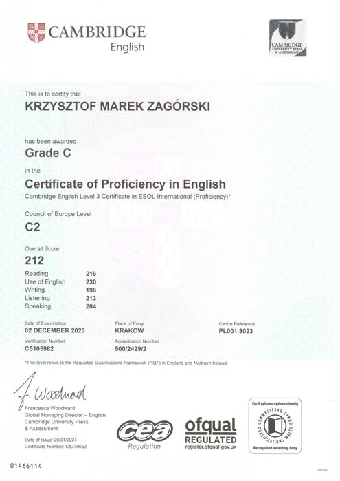 Korepetycje Certyfikowany nauczyciel CAMBRIDGE angielski lub francuski