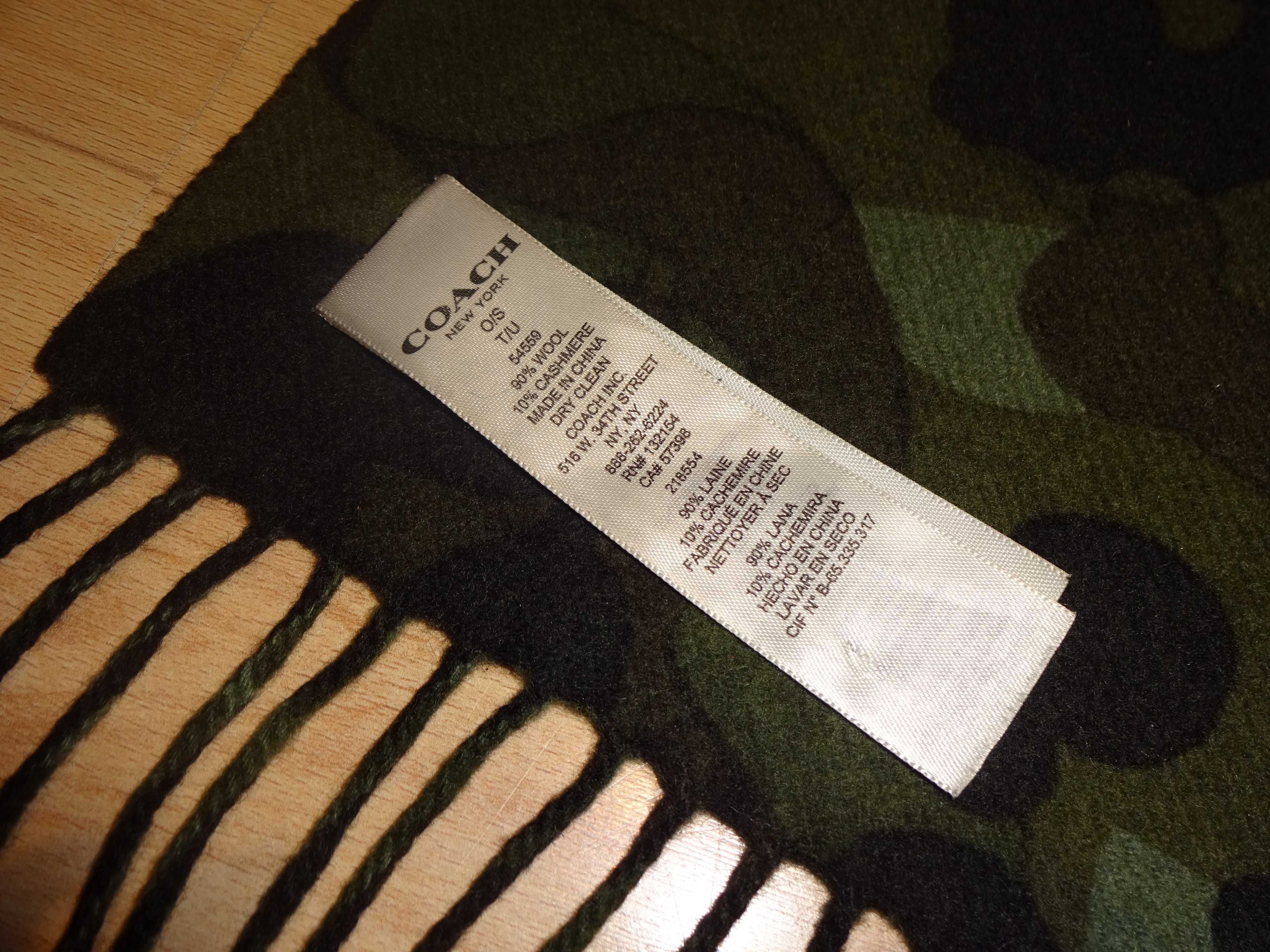 COACH New York 90% Wool 10% Cashmere zielony khaki szalik z frędzlami