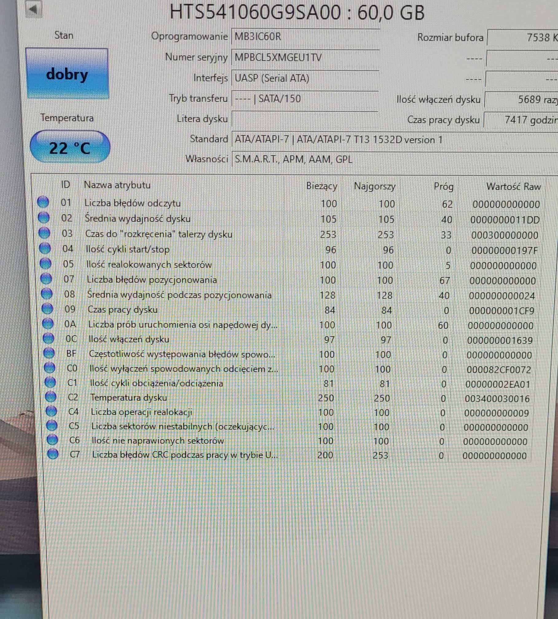 używany dysk twardy HDD 2,5" Hitachi 60GB 5400 rpm SATA