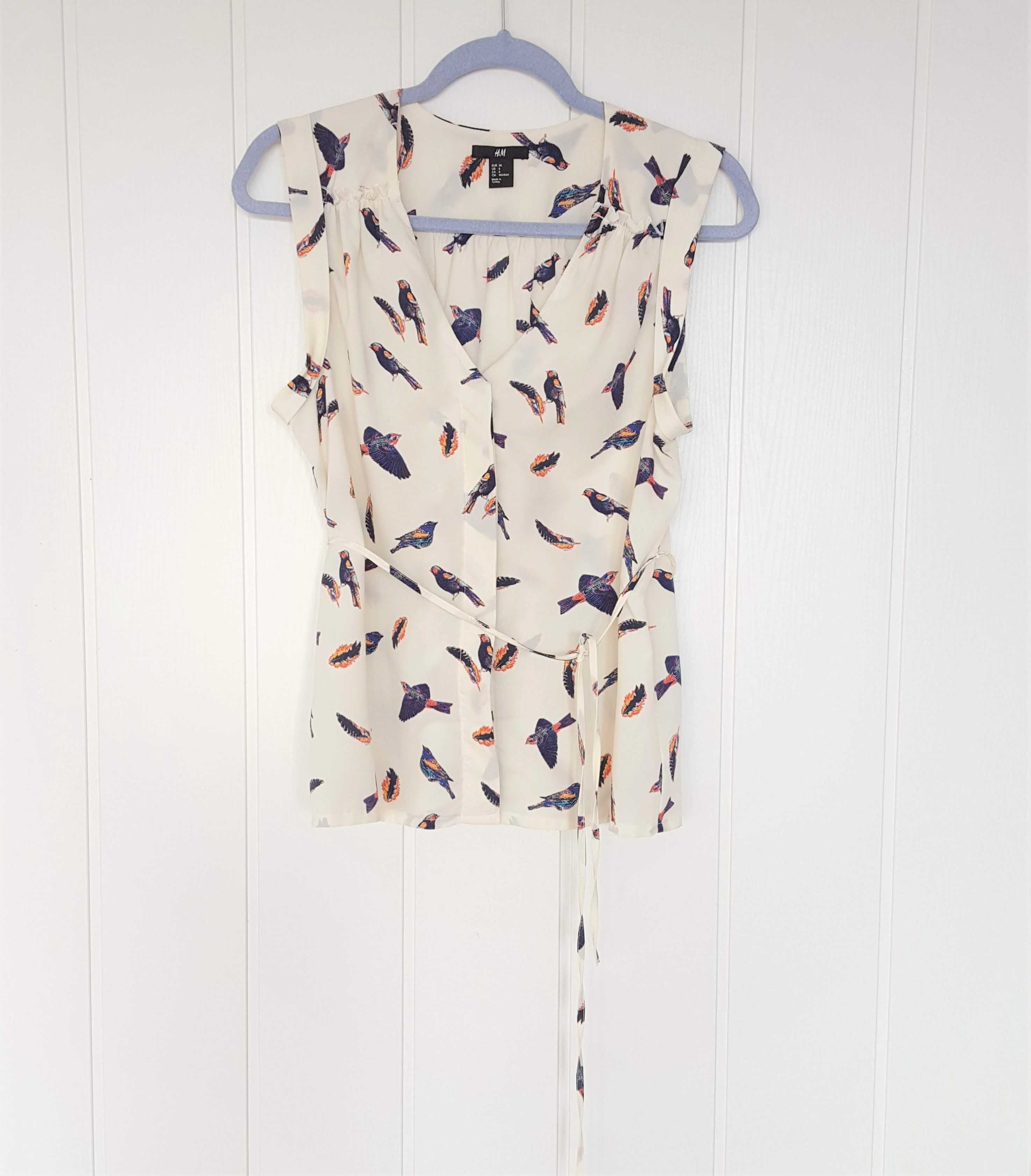 Śliczna bluzka H&M 36 S kremowa w jaskółki ptaki wzór ptak wróble