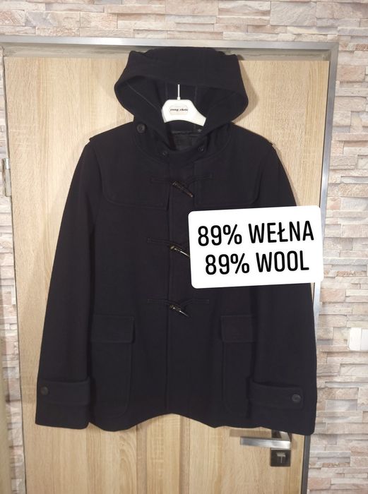 Damski Płaszcz Kurtka Budrysówka Uniqlo z Kapturem Wełniana Granatowa