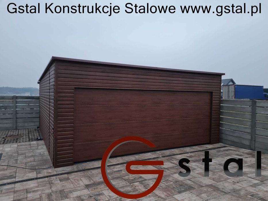 garaż blaszany 6x5,80 6x6 z bramą segmentową orzech filc profil ocynk