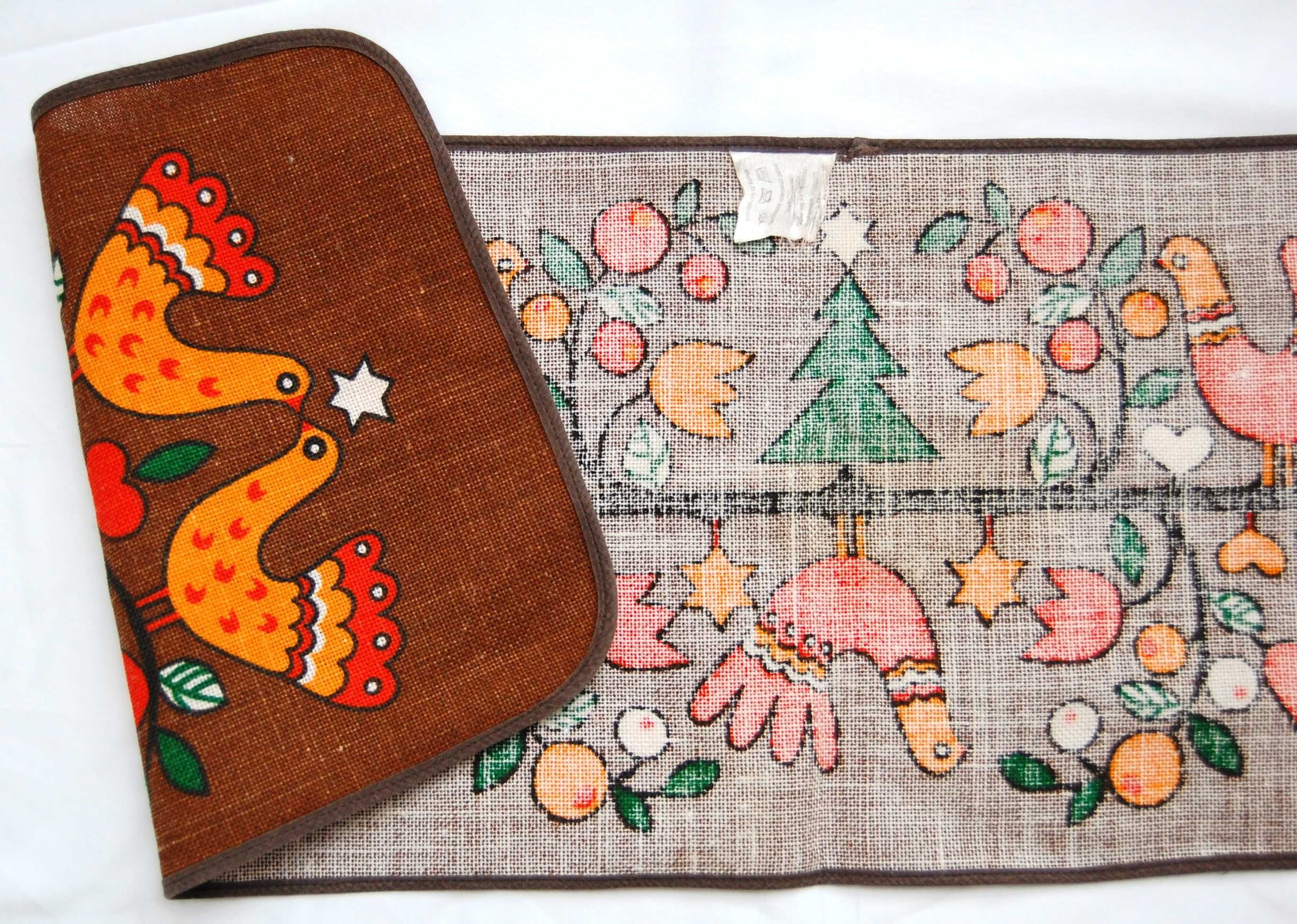 Bieżnik świąteczny, PRL, NRD, DDR, vintage, juta, nadruk, ptaki, folk