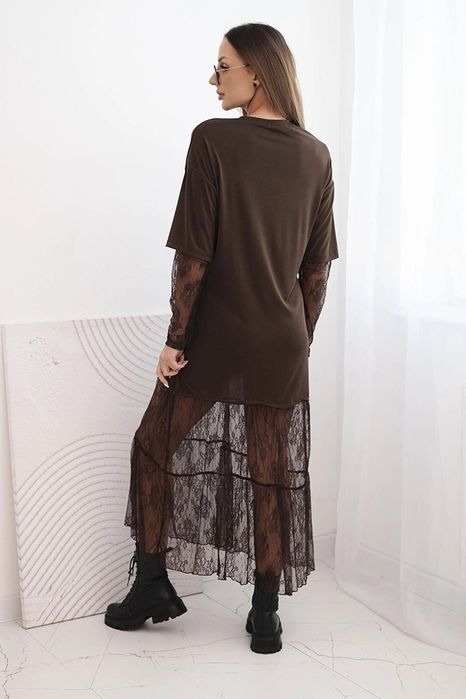 Sukienka brązowa z tiulowym dołem i rękawami – włoska, elegancka