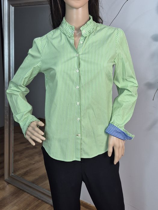 Koszula damska Tommy Hilfiger S  zielona w paski bawełniana z falbanką