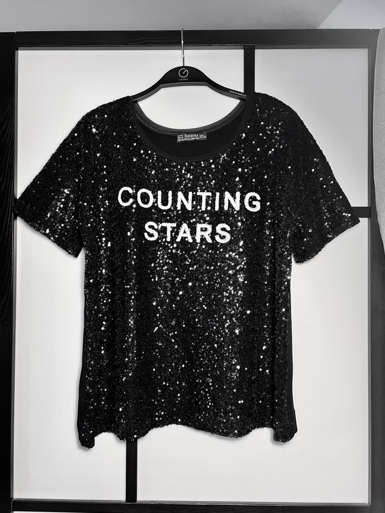 Cekinowa bluzka Bershka M cekiny 38 stars czarna top tshirt