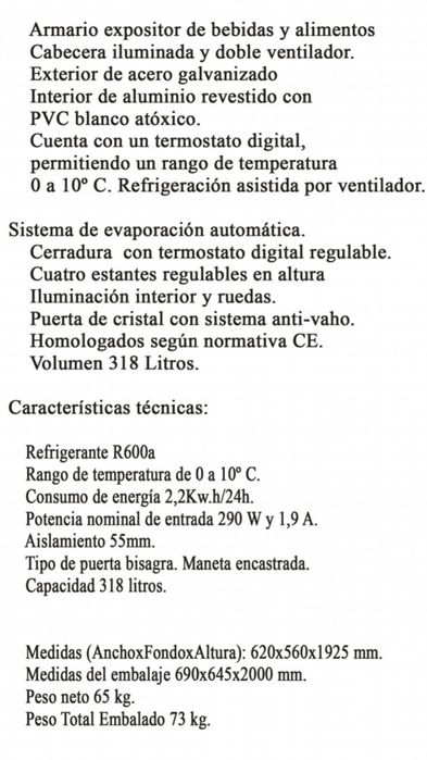 Armario refrigerado expositor vitrine NOVO