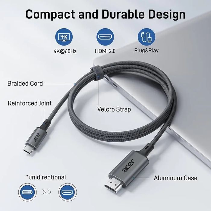 Кабель Acer USB C HDMI 4K за 60 Гц, 1,8 м