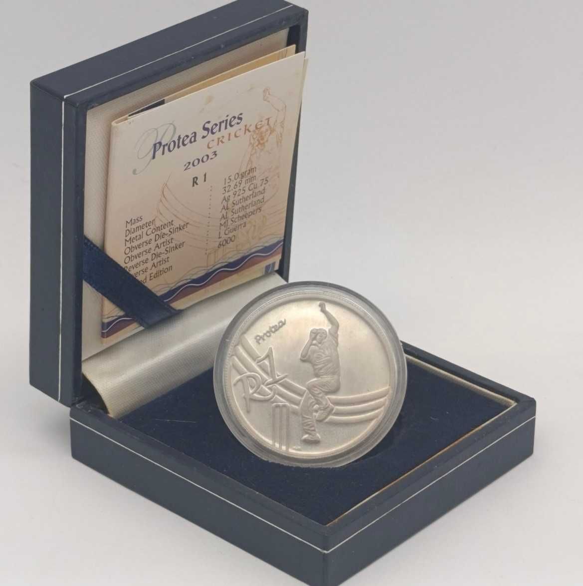 Moeda de prata protea Cricket R1 proof de 2003 da RSA (Reservado)