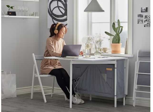 Mesa extensível de abas rebatíveis c/arrumação, branco/cinz clr