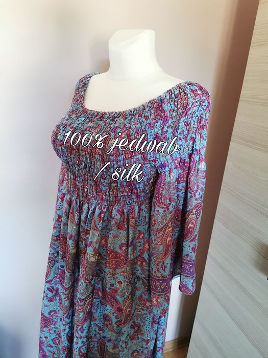 Sukienka jedwab niebieska maxi jedwabna letnia M L XL 38 40 42 różowa