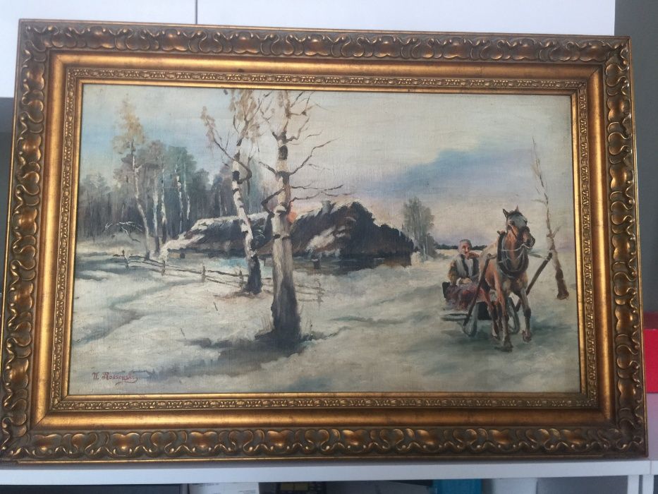Piękny obraz z ramą W. Rossowski - Zimą. Certyfikat autentyczności