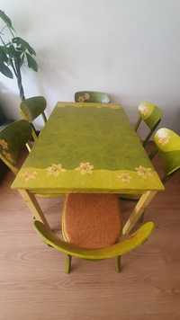 Ręcznie odrestaurowany stół + 6 krzeseł decoupage PRL