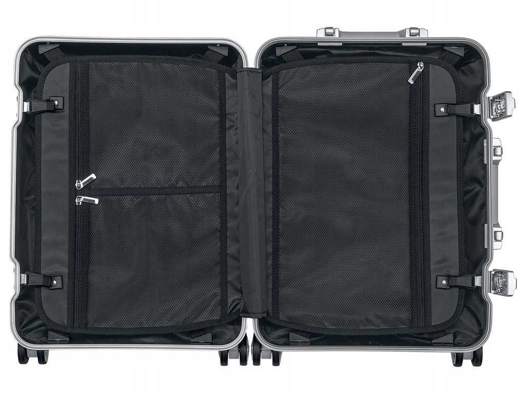 Nowa walizka podróżna mała kabinowa aluminiowa srebrna, premium, 32 l