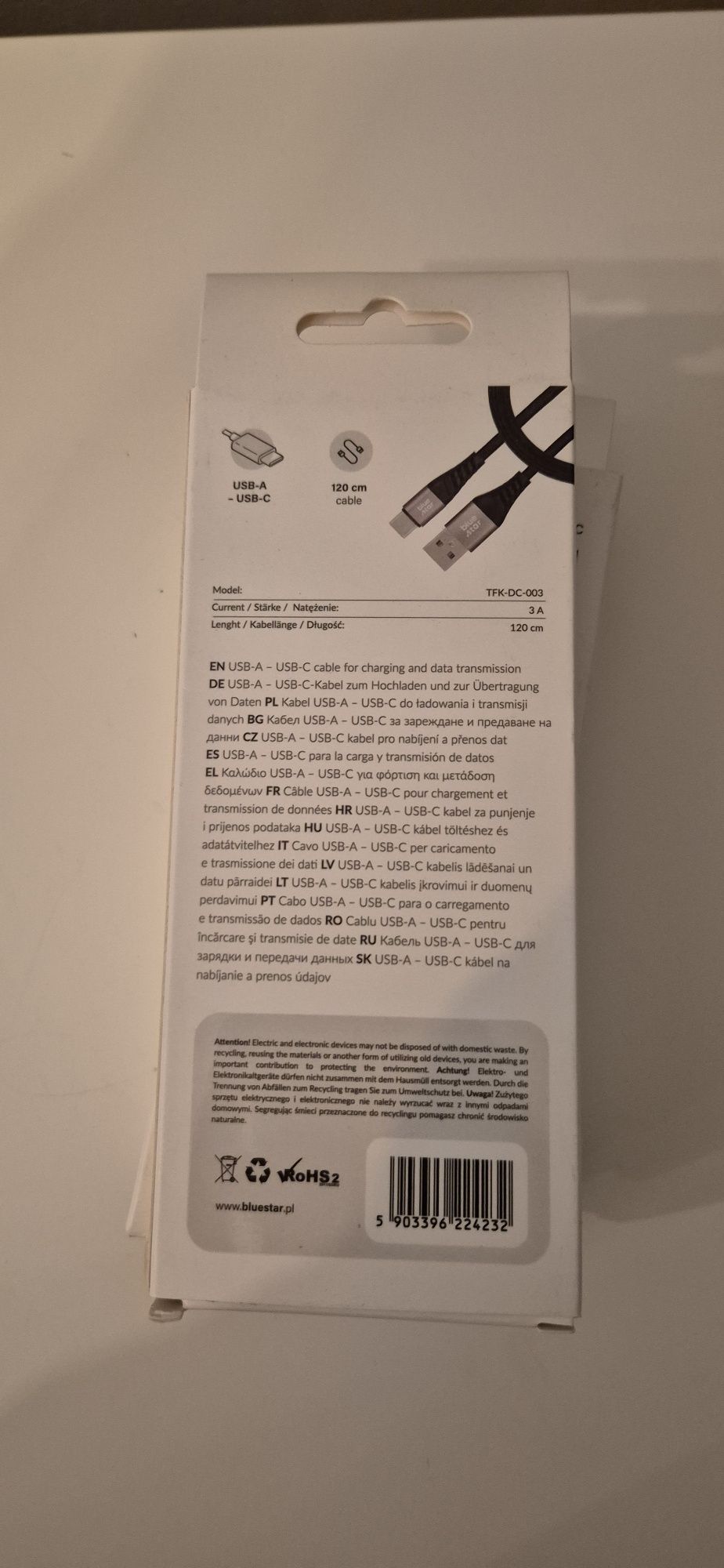Kabel Blue Star USB-A do USB-C o długości 120 cm.