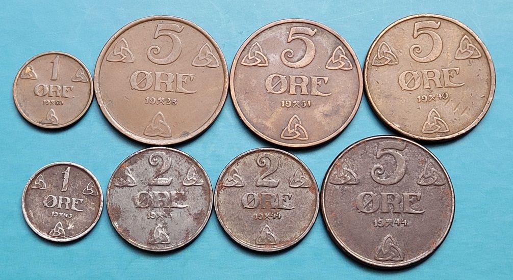 Zestaw monet 1, 2, 5 ore Norwegia