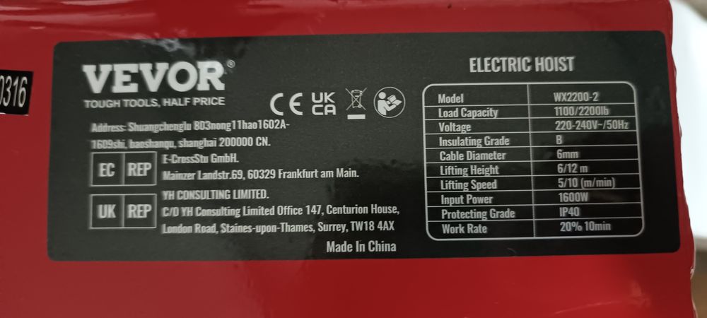 Guincho elétrico 500/1000kg