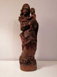Stara duża ręcznie wykonana drewniana figura Matki Boskiej z dzieciąt