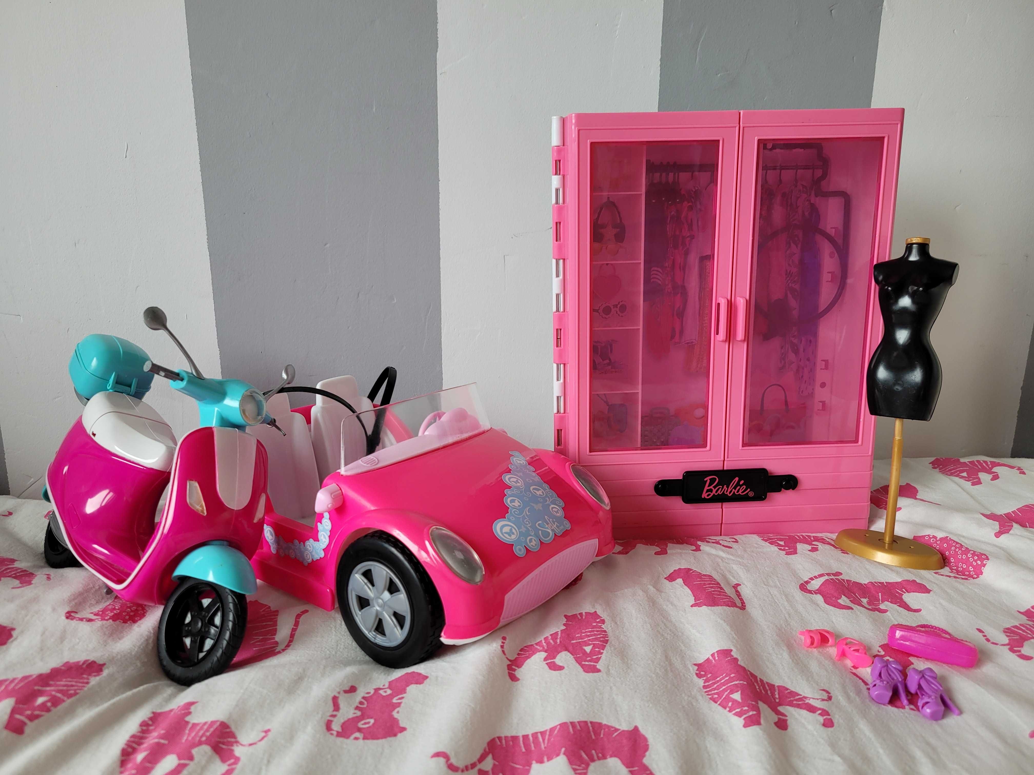 Barbie zestaw szafa samochód motor manekin dodatki ubrania buty