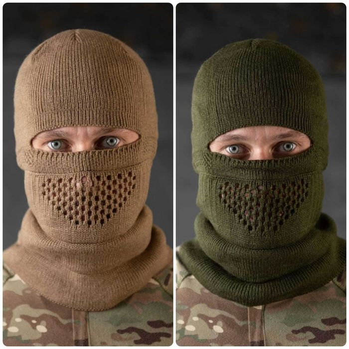 Тактична військова зимова шапка балаклава в'язана койот / олива