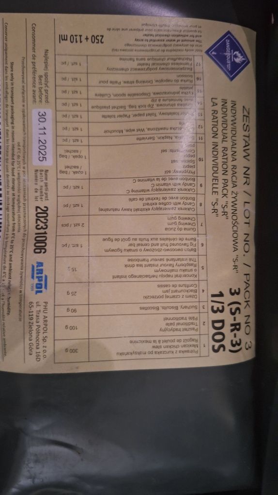 Wojskowa racja zywnosciowa wielodniowa