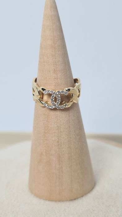 Nowy złoty pierścionek typu Chanel obrączka pancerka cyrkonie p 585