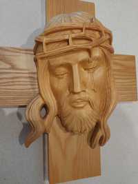 Drewniany Krzyż rzeźbiony Chrystus Twarz Jezusa Chrystusa Krucyfiks