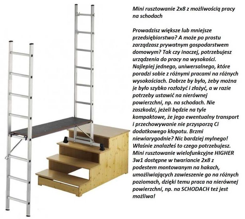 RUSZTOWANIE aluminiowe 2x8 do pracy na SCHODACH - uniwersalne 3w1