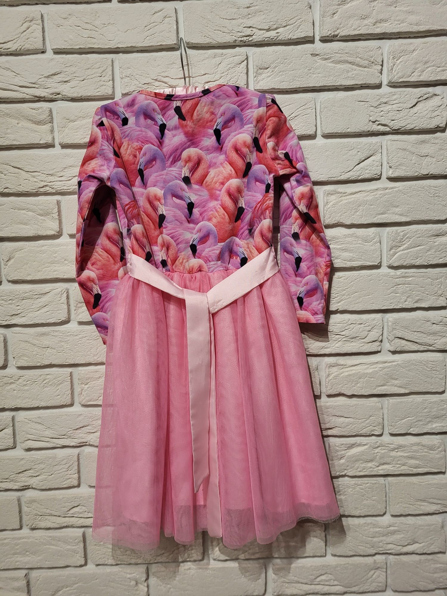 Różowa sukienka 128/134 flamingi tiul La Lalla