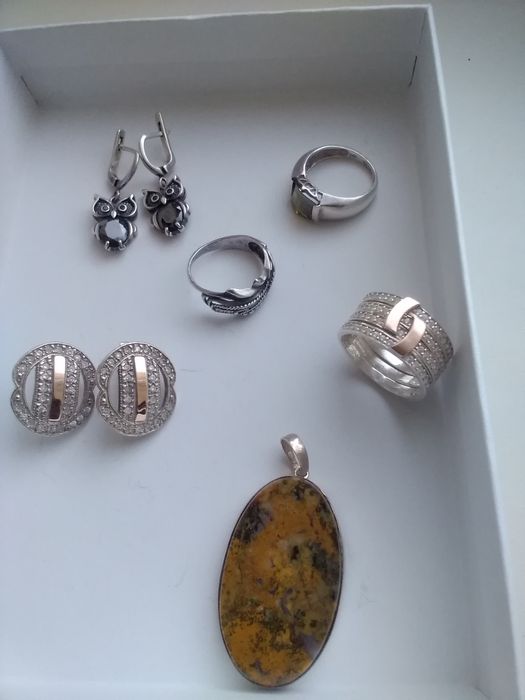 Серебряные  кольца серьги совы. серебро с золотом