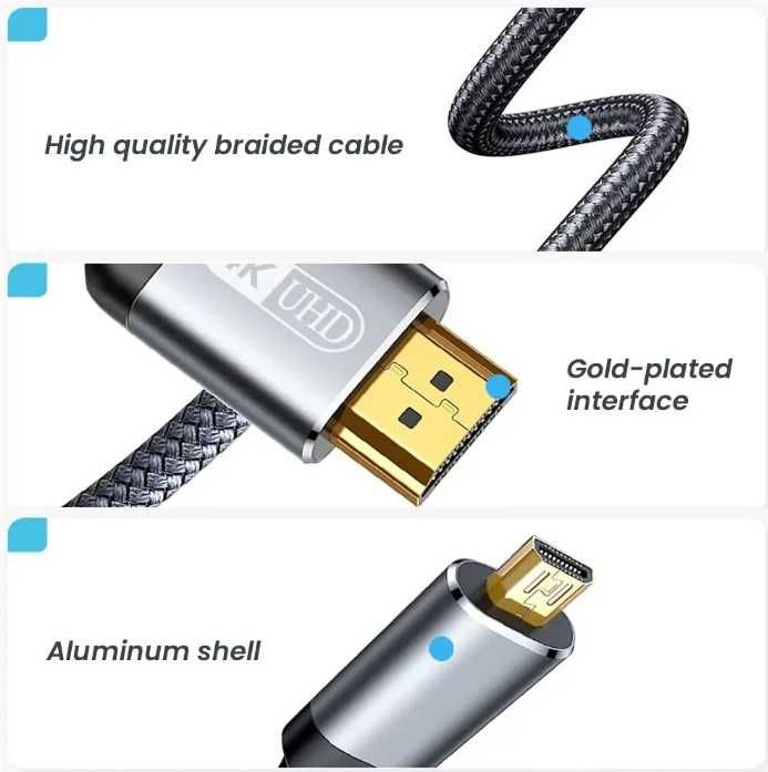 Кабель HDMI to Micro HDMI v2.0 4K 1 метр/2 метра Grey UltraHD HDR