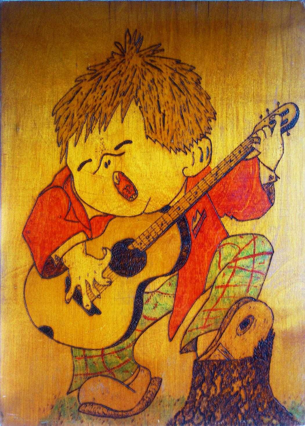 Картина 'Гитарист-стиляга', фанера, выжигание по дереву, пирография