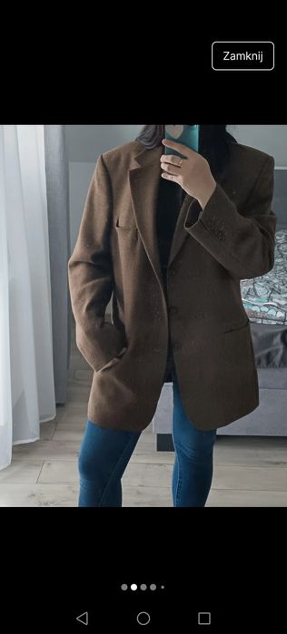 Marynarka z wełną brązowa z kratką poduszki na ramionach coguette