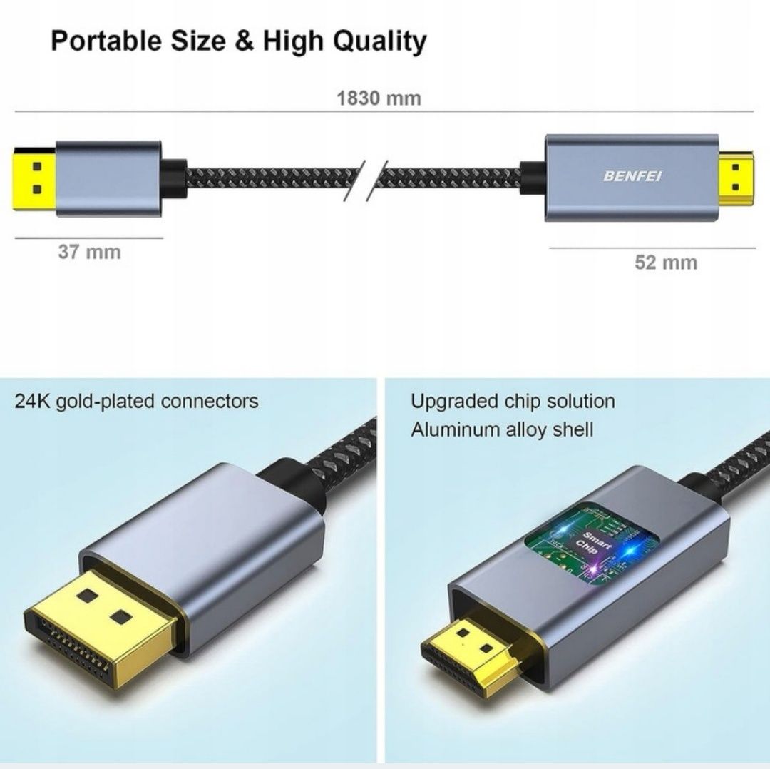 BENFEI Adapter Przejściówka DisplayPort na HDMI 4K (DP) 1.8m