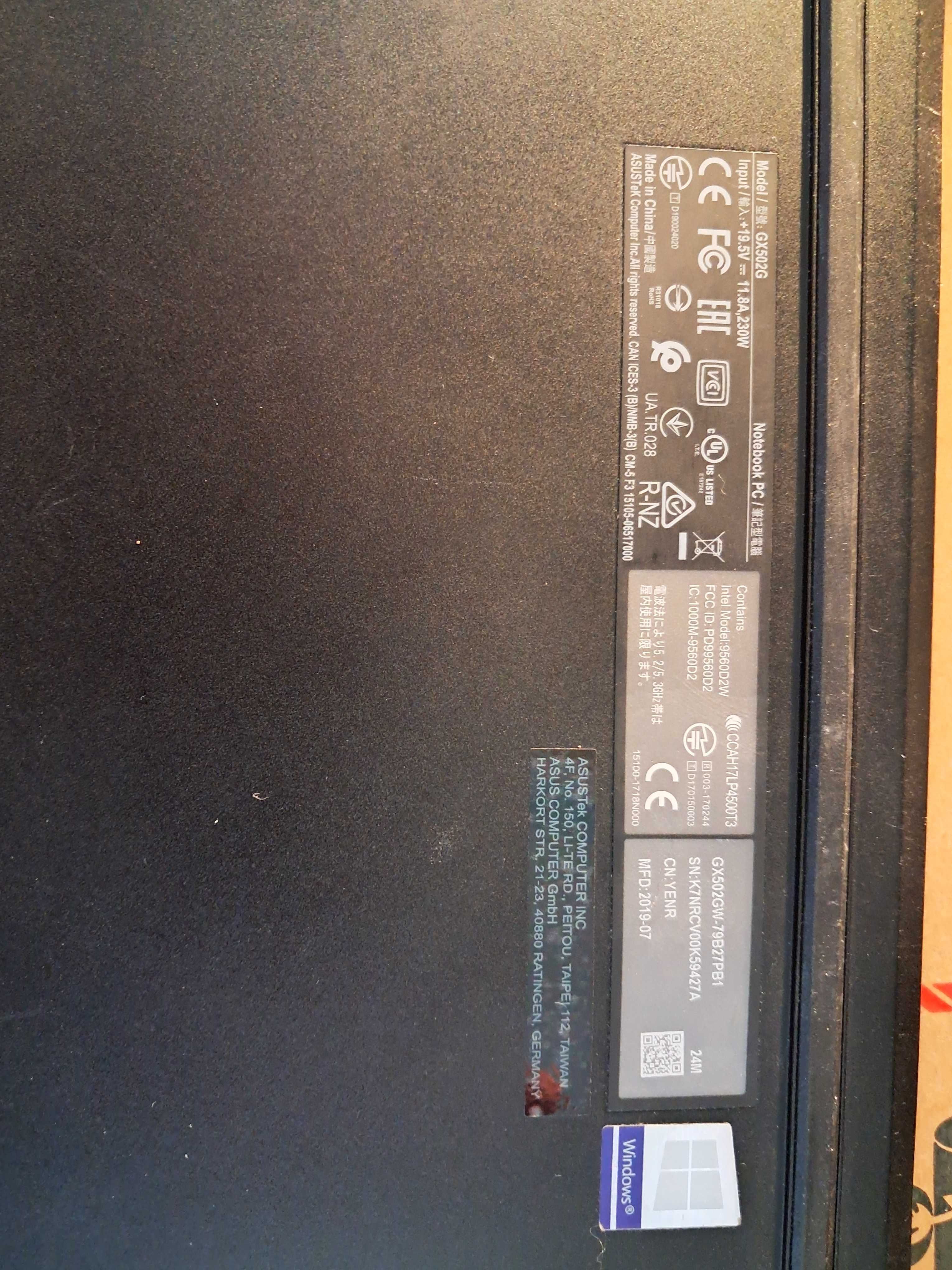 Portátil Asus GX502G (Gaming) avariado + carregador original