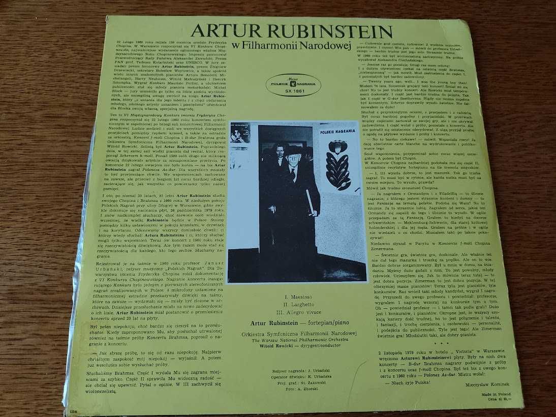 Płyta winylowa Rubinstein Artur EX Chopin 1960 Orkiestr Koncert
