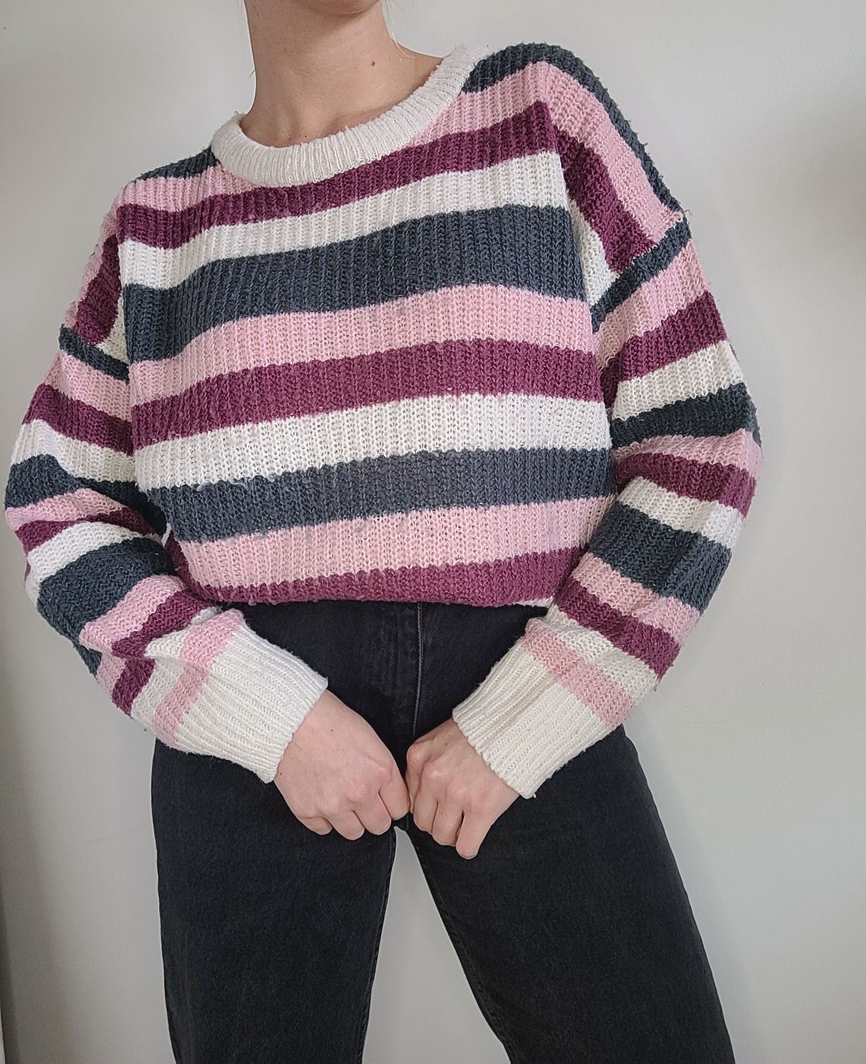 Kolorowy sweter w paski oversize crewneck vintage