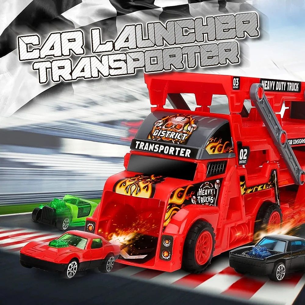 Transporter z mini samochodami, znakami drogowymi, zabawka samochodowa