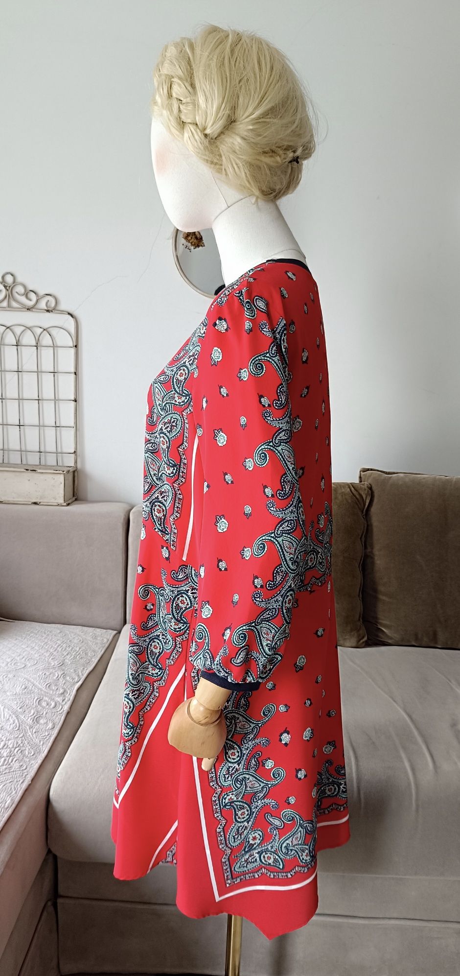 Sukienka Zara wzór palisey biust 49x2 M L red asymetryczna babydollydo