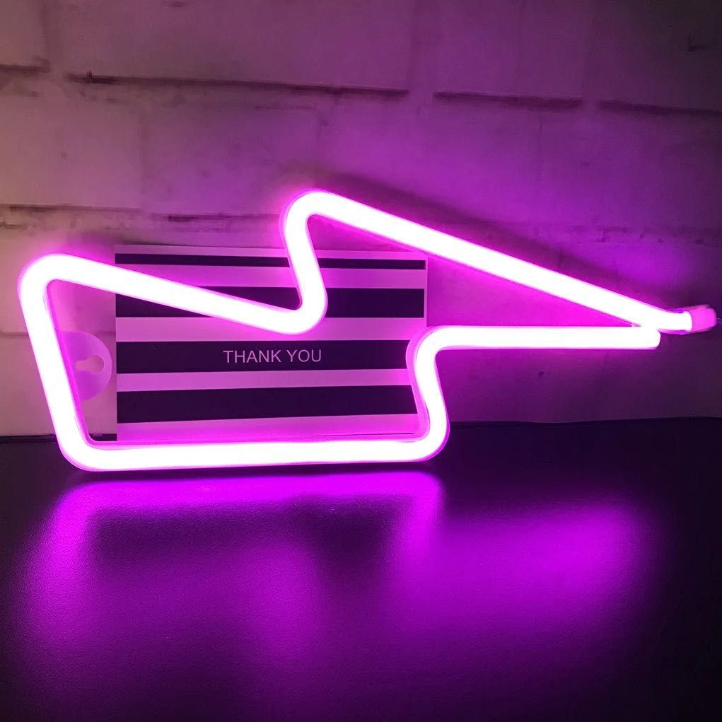 Neon LED błyskawica różowy znak świetlny wiszący baterie usb