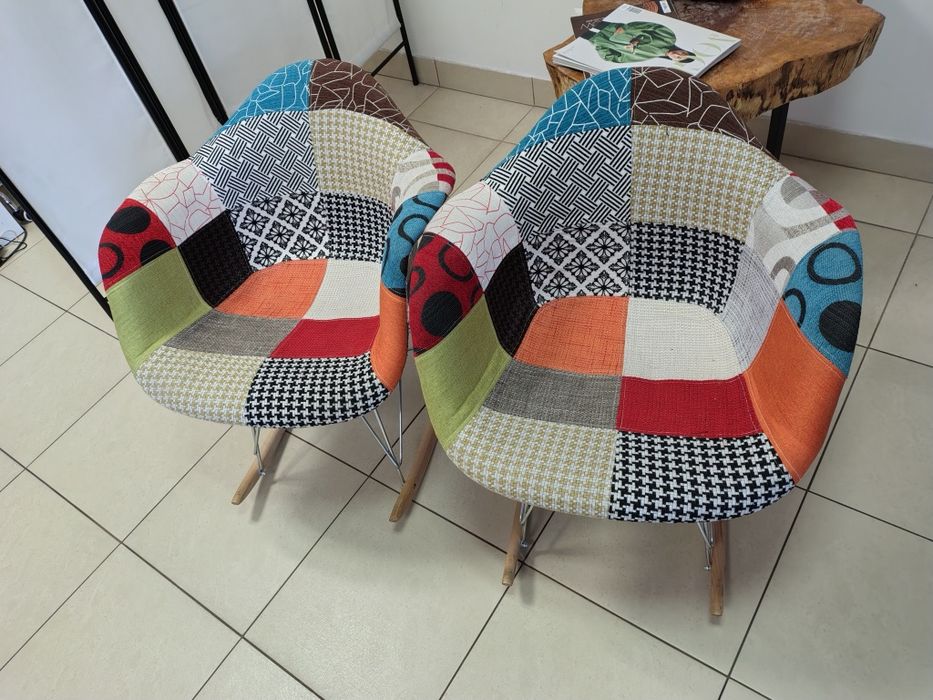 krzesła patchwork bujane na płozach drewnianych wygodne duże