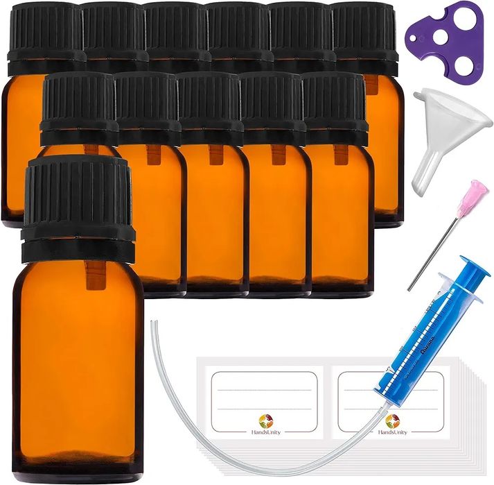 Zestaw 12 szt 10ml butelek szklanych Bursztynowych z zakraplaczem